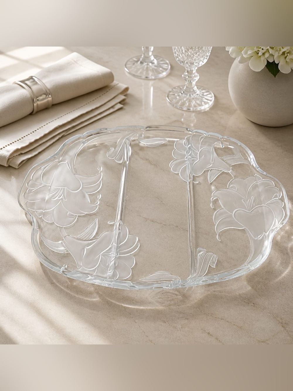 Clear Floral Divided Glass Serving Platter Studio Nova